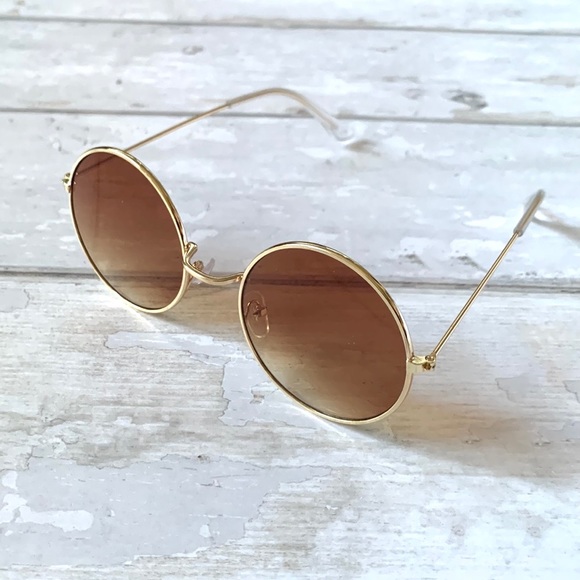 Retro Round Tinted Sunglasses Brown Gold Frames NEW Women’s Mens Unisex Glasses - Picture 3 of 3